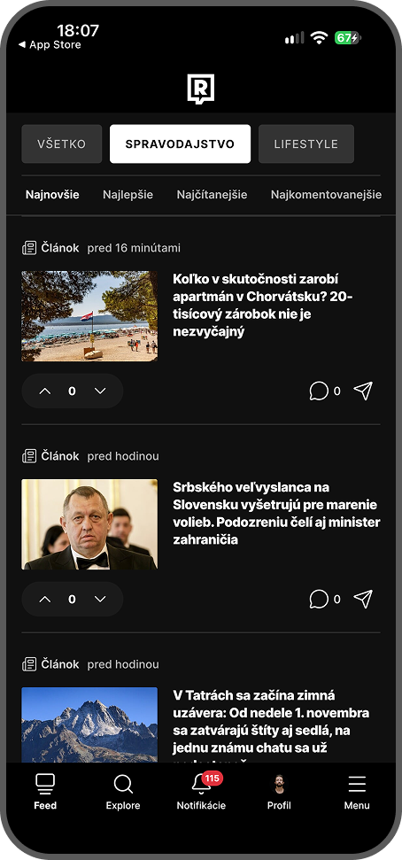 Obrazovka aplikácie Refresher s článkami